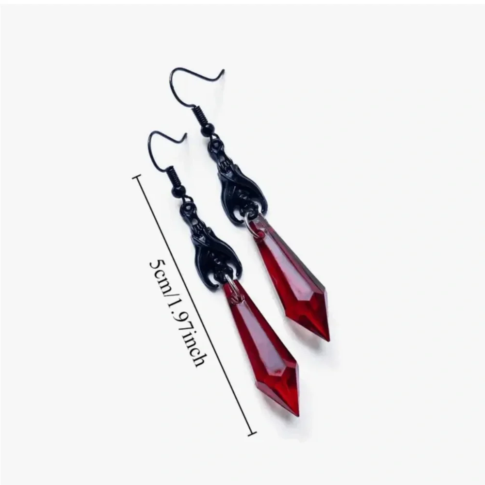Gothic Black Dangle Drop Earrings with Red Faux Gemstones